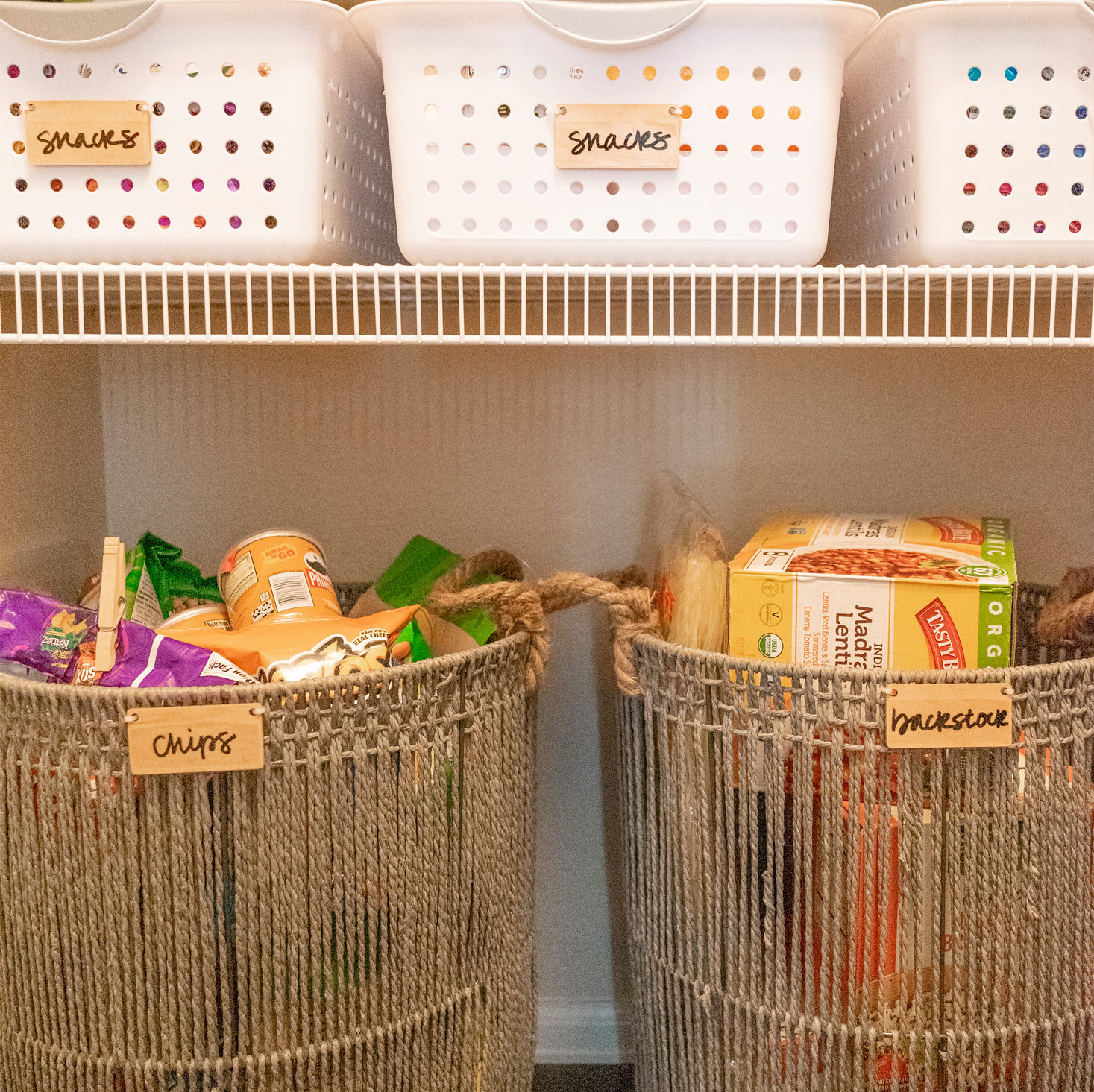 Joyful Spaces pantry labels and floor baskets
